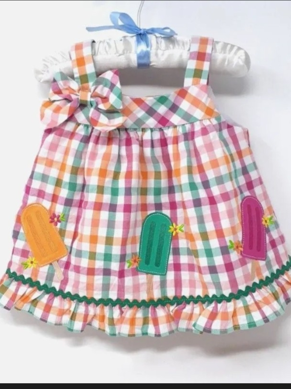 Good Lad Pink Orange Green Plaid Sundress with Popsicle Appliqués